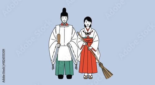 Illustration of a male Shinto priest (kannushi) and a female shrine maiden (miko) standing together in their traditional Japanese attire.