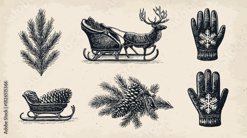 Vintage Christmas and Winter Engraved Elements Collection: Rustic Hand-Drawn Holiday Illustrations with Sleigh, Reindeer, Pine, and Gloves