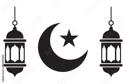 Islamic lantern and crescent moon with star silhouette icon on white background
