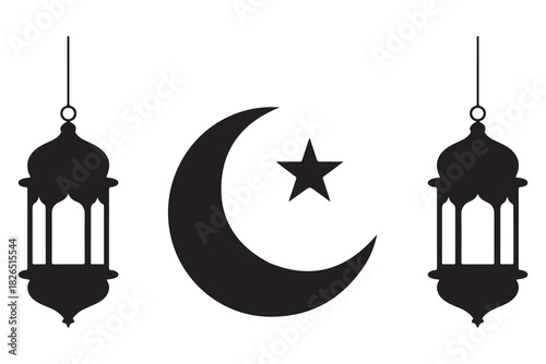 Islamic lantern and crescent moon with star silhouette icon on white background
