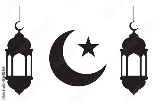 Islamic lantern and crescent moon with star silhouette icon on white background
