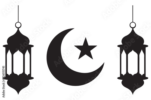 Islamic lantern and crescent moon with star silhouette icon on white background
