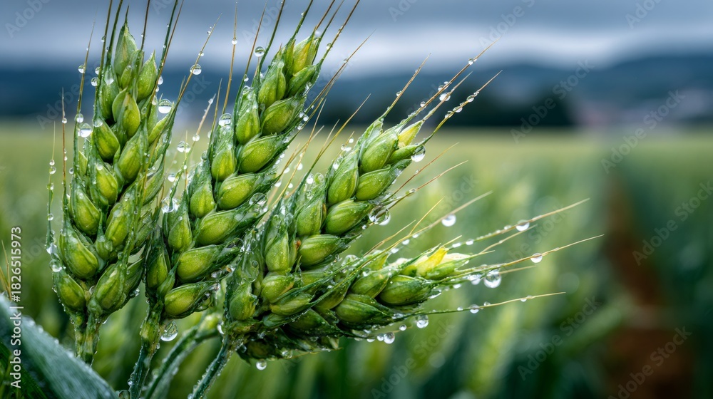 Naklejka premium Green wheat ears covered in fresh rain drops