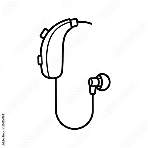 Line art illustration of a modern behindtheear hearing aid device for improved hearing