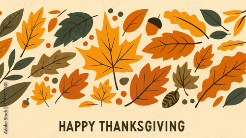 Autumn horizontal template background with foliage, decorative text. Hello autumn vector illustration with fall leaves, acorn, berries perfect for greeting card, banner, invitation, web, poster, print