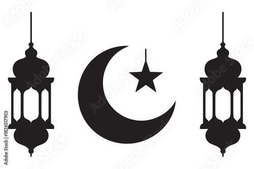 Islamic lantern and crescent moon with star silhouette icon on white background
