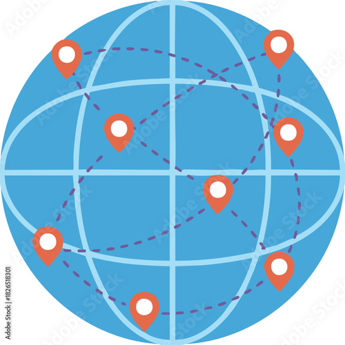 Blue globe with location pins and dotted paths, representing worldwide connections, global logistics, and international communication routes