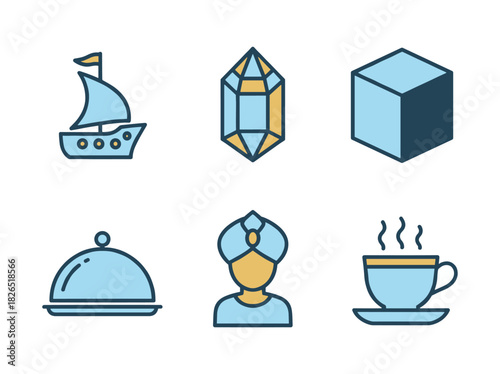 Trade commodities icons set with merchant and ship