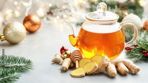 Clear teapot with hot ginger tea, fresh ginger slices, and honey surrounded by Christmas ornaments and fir branches