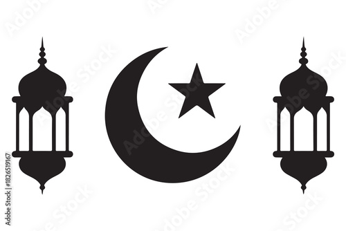 Islamic lantern and crescent moon with star silhouette icon on white background
