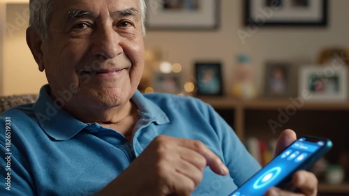 Senior man using a phone app for smart home controls at home.