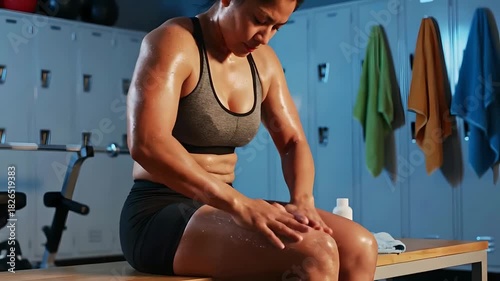 Muscular Woman Applying Recovery Cream in Gym Locker Room