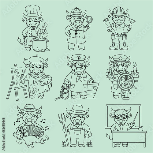 Cartoon cow characters in different jobs