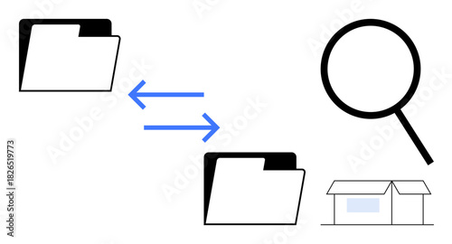 File folders exchanging data with arrows, magnifying glass representing search, and small house symbol. Ideal for data sharing, information retrieval, cloud storage, research, file organization, home