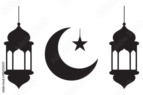Islamic lantern and crescent moon with star silhouette icon on white background
