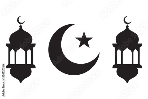 Islamic lantern and crescent moon with star silhouette icon on white background
