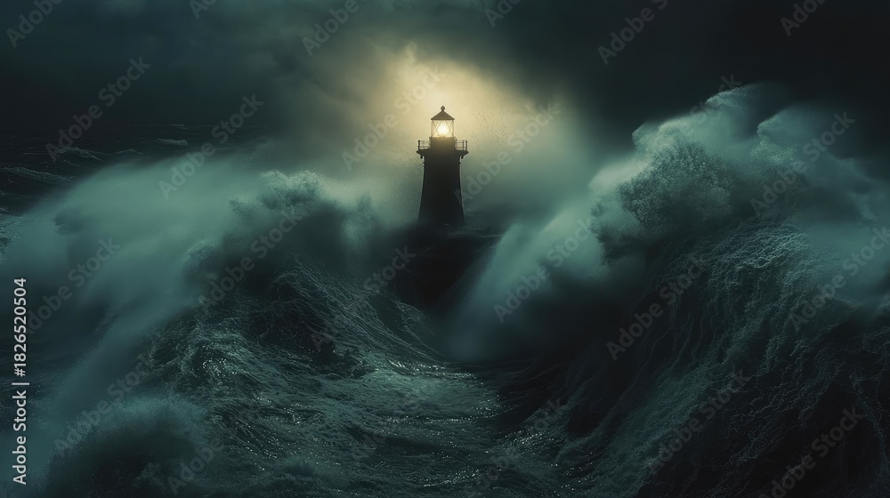 Obraz premium Beacon of Hope: Lighthouse Shines Through a Turbulent Ocean Storm