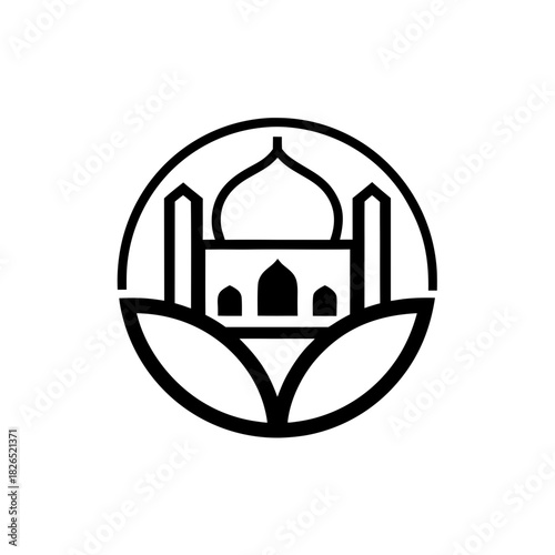 Illustration of mosque with lotus in circle on transparent background silhouette