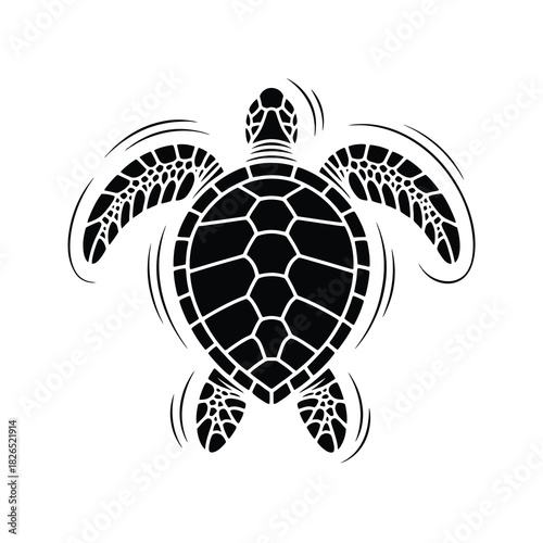 Stylized sea turtle swimming ocean animal black and white icon