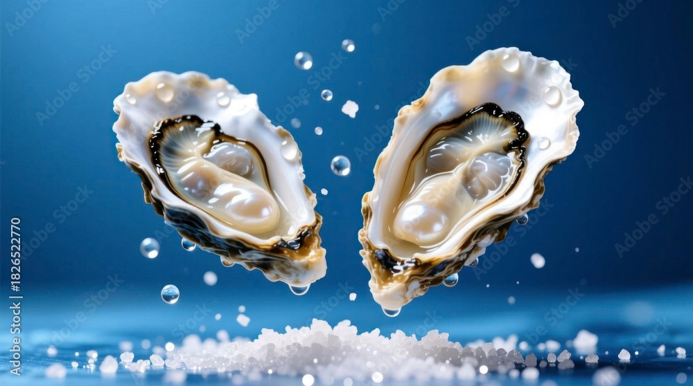 Naklejka premium Two open fresh oysters with shiny shells and juicy flesh levitating above sea salt crystals with water droplets on blue background, seafood delicacy concept.