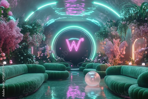 Futuristic lounge interior with neon lights, plants, and soft seating.  Use stock photo