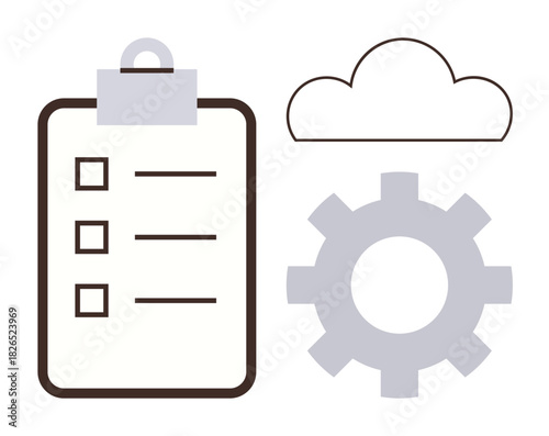 Clipboard checklist, cloud outline, and gear icon representing task management, cloud computing, and automation. Ideal for workflow, planning, efficiency, project organization teamwork digital