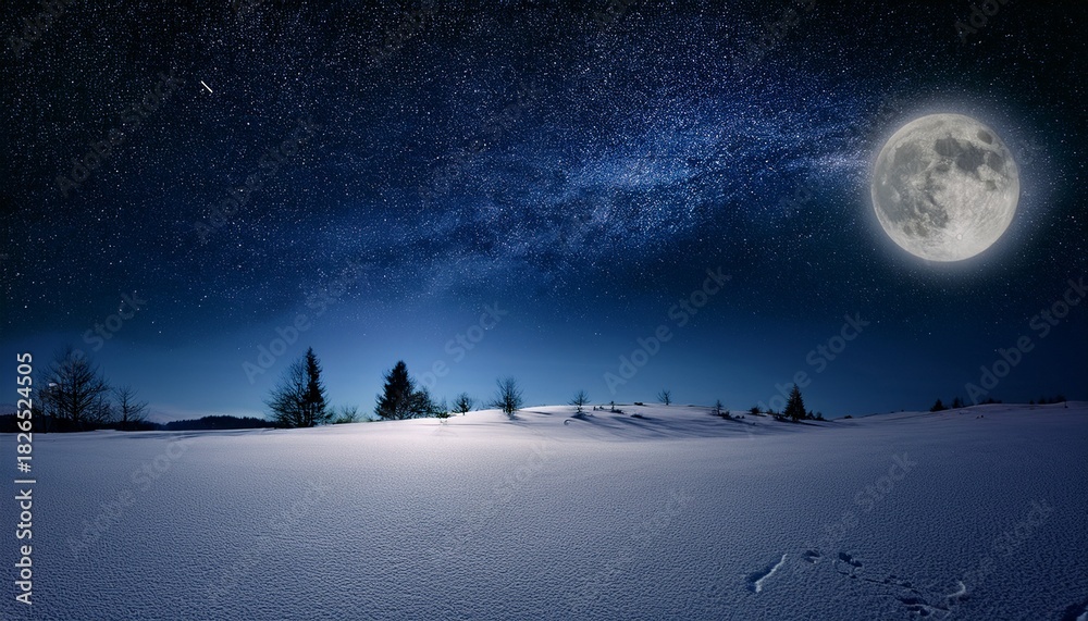 Naklejka premium Full Moon Over Starry Winter Night Snowfield