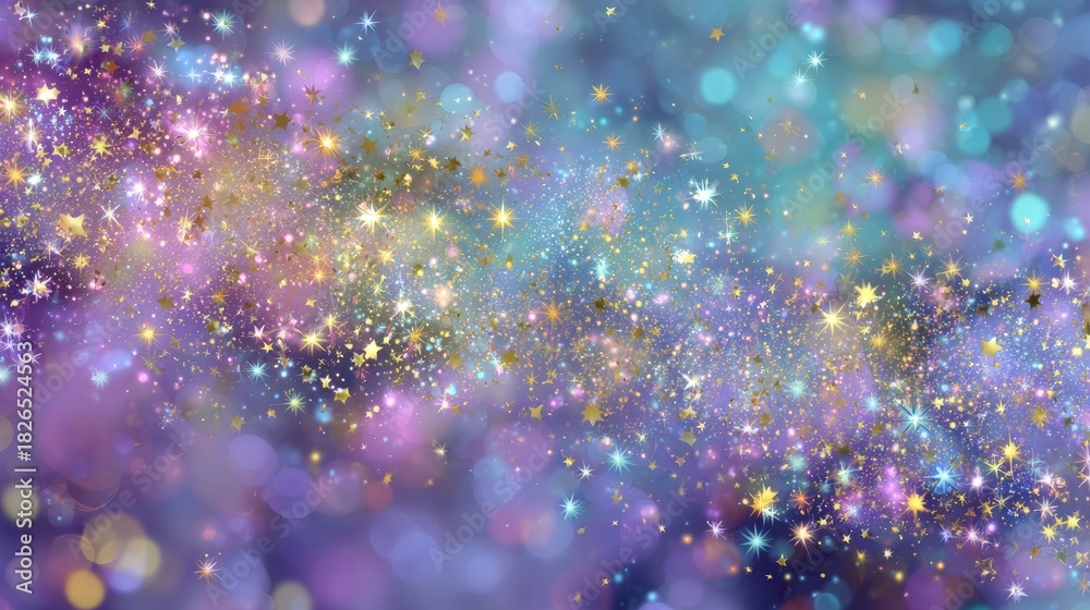 Obraz premium Glittering holographic gradient background with magical light effects, fairy sparkles, gold stars, and festive blurred glow for fantasy, celebration, and decorative designs