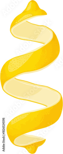 Create a bright yellow lemon peel spirals gracefully, appearing floating on a perfect as a clean vector art with white background..
