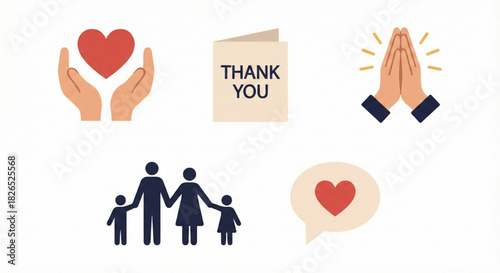 A collection of flat design icons representing gratitude, love, family, and support concepts