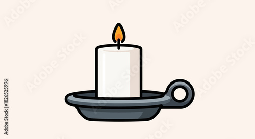 Simple cartoon illustration of a lit white candle in a dark holder