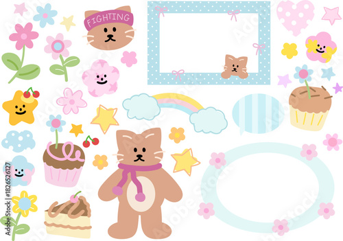 Cute pastel decorations of cat, winter scarf, sport headband, polka dot frame, cupcake, flowers, star, rainbow, heart for animal, sticker, cartoon characters, mascot, sport, festive icon, happy moment