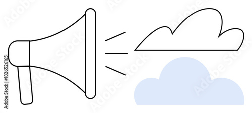 Megaphone emitting sound alongside two clouds, symbolizing broadcasting, messaging, communication, creativity, brainstorming, marketing, teamwork. Ideal for digital strategy simple flat metaphor