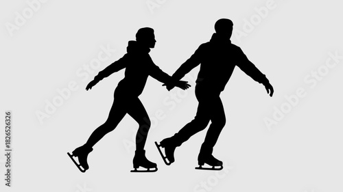 Couple ice skating holding hands silhouette, winter sport and romance vector