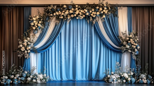 Elegant blue wedding backdrop, floral arch, indoor ceremony