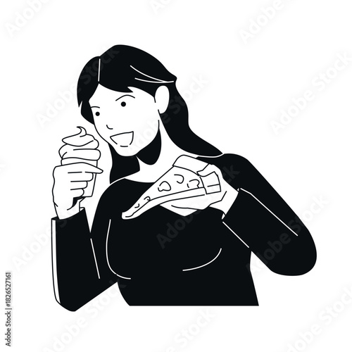 Pizza and Ice Cream - Black and White Flat Design Illustration