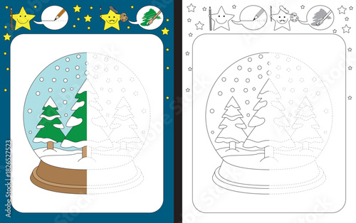 Preschool worksheet for practicing fine motor skills - tracing dashed lines - finish the illustration of the snow globe