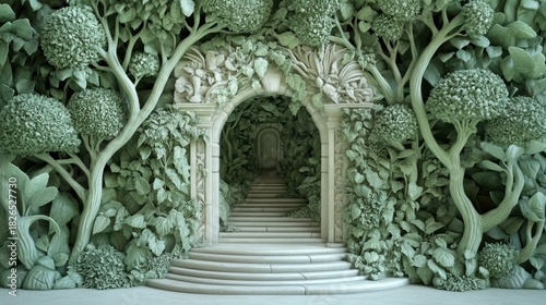 A stone archway leads to a lush, hidden garden filled with greenery and mystery