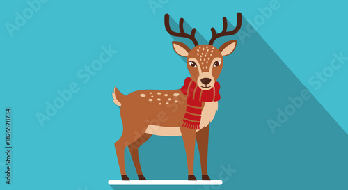 Cute cartoon reindeer wearing a red and yellow striped scarf