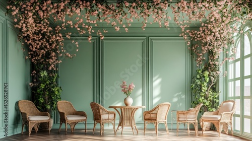 Green room with floral d?cor, dining area, elegant
