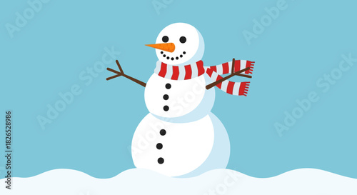 Cute cartoon snowman wearing a red and white striped scarf outdoors