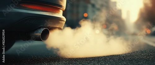 Black smoke from a car exhaust pipe on the road draws attention to air pollution issues and their effects on the environment.