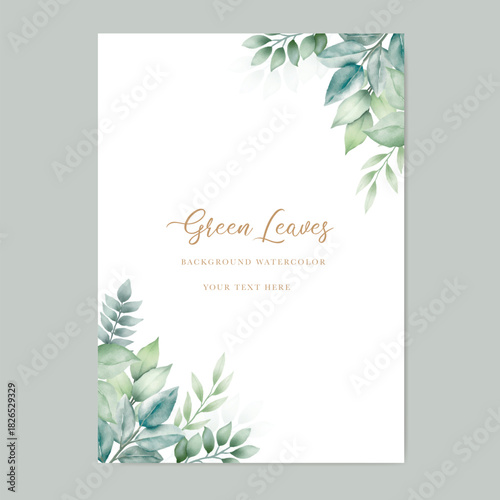 Watercolor green leaf background and template.used wedding birthday and funeral invitations