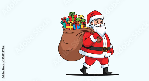 Cartoon santa claus walking with large sack full of gift box
