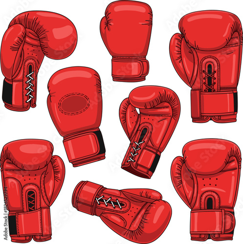 Create a kinds o f deferent red boxing glove, vector art with white background..
