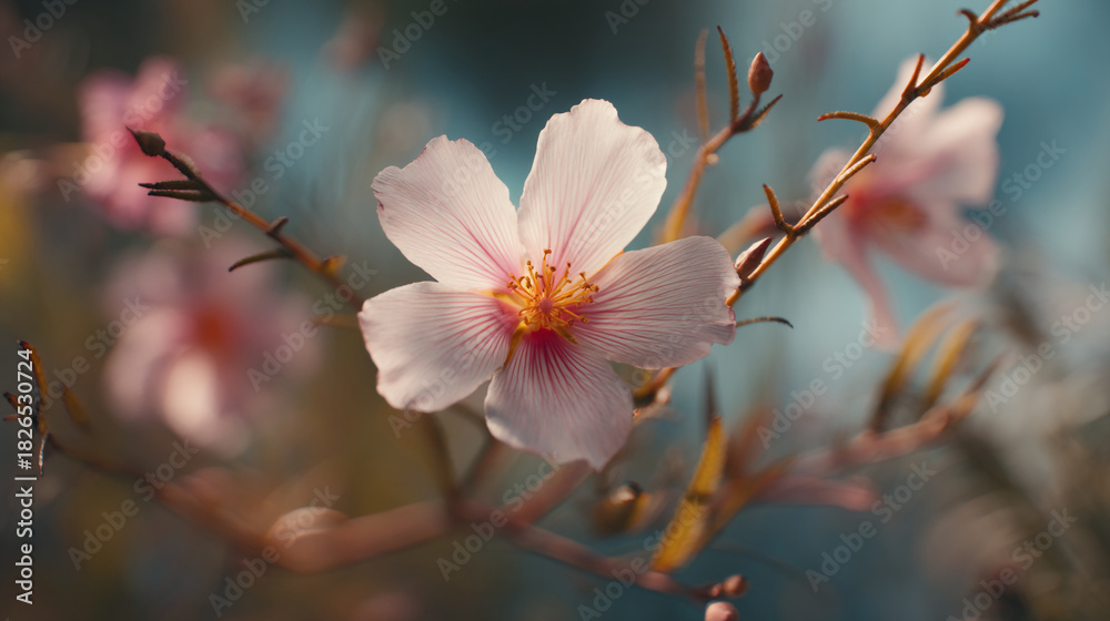 Fototapeta premium A close up of a white and pink flower with a yellow center on a branch in soft focus light