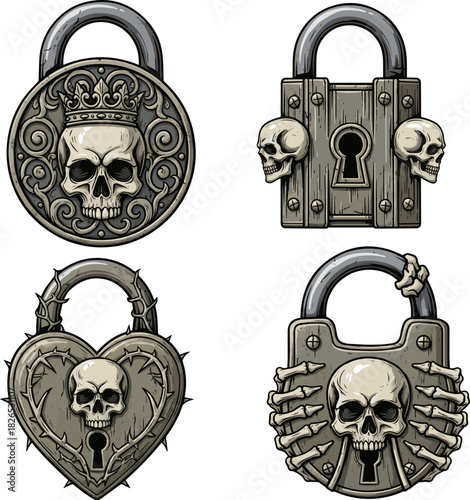 Create a kinds of deferent Ornate antique padlock with skulls for fantasy security vector art with white background..