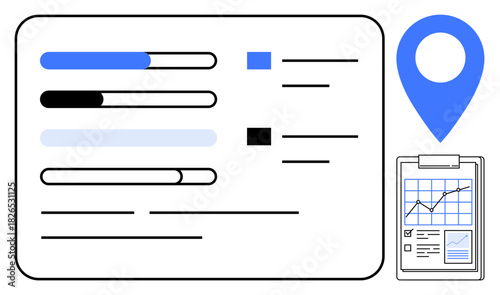 Progress bars, location pin, and data chart on clipboard showcase project tracking, analytics, performance monitoring. Ideal for business, technology, data visualization, workflow strategy