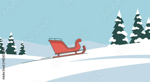 Red santa sleigh moving across a snowy winter landscape