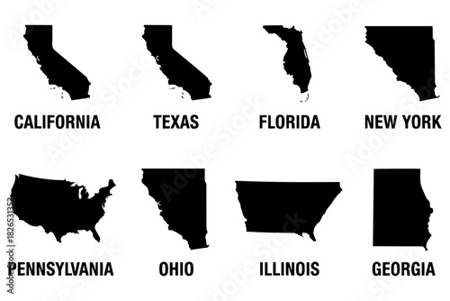 united states of america,
US State Silhouettes,
8 Minimalist Map Icons